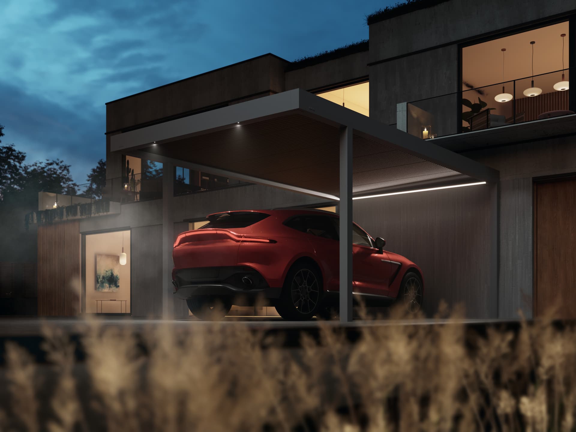 Moderne minimalistische woning met aluminium carport met plat dak, die overdekte parkeerplaats biedt voor een rode sportwagen.