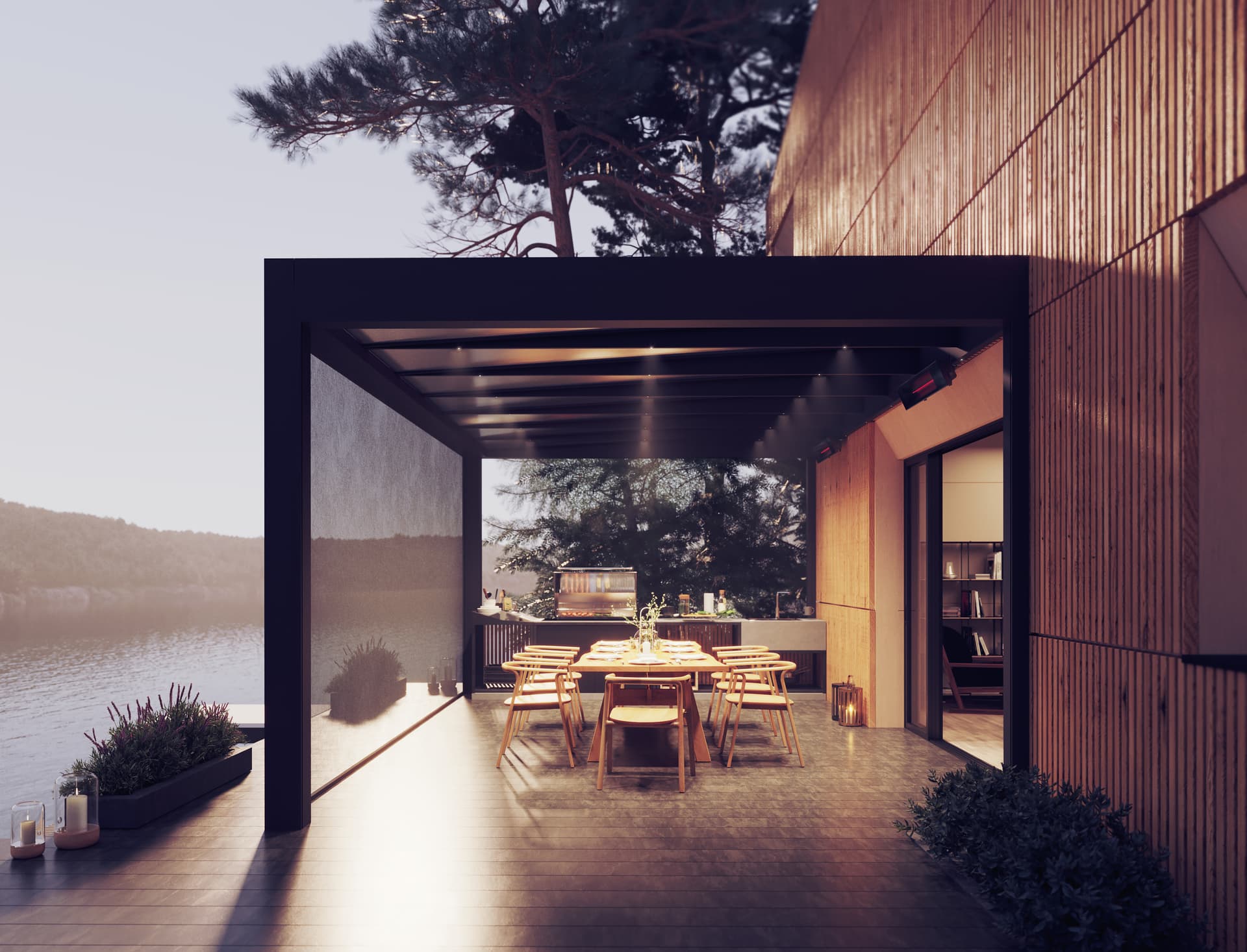 Aluminium B800‑pergola met glazen dak en geïntegreerde verlichting boven een sfeervolle buiteneettafel aan een woning aan het water