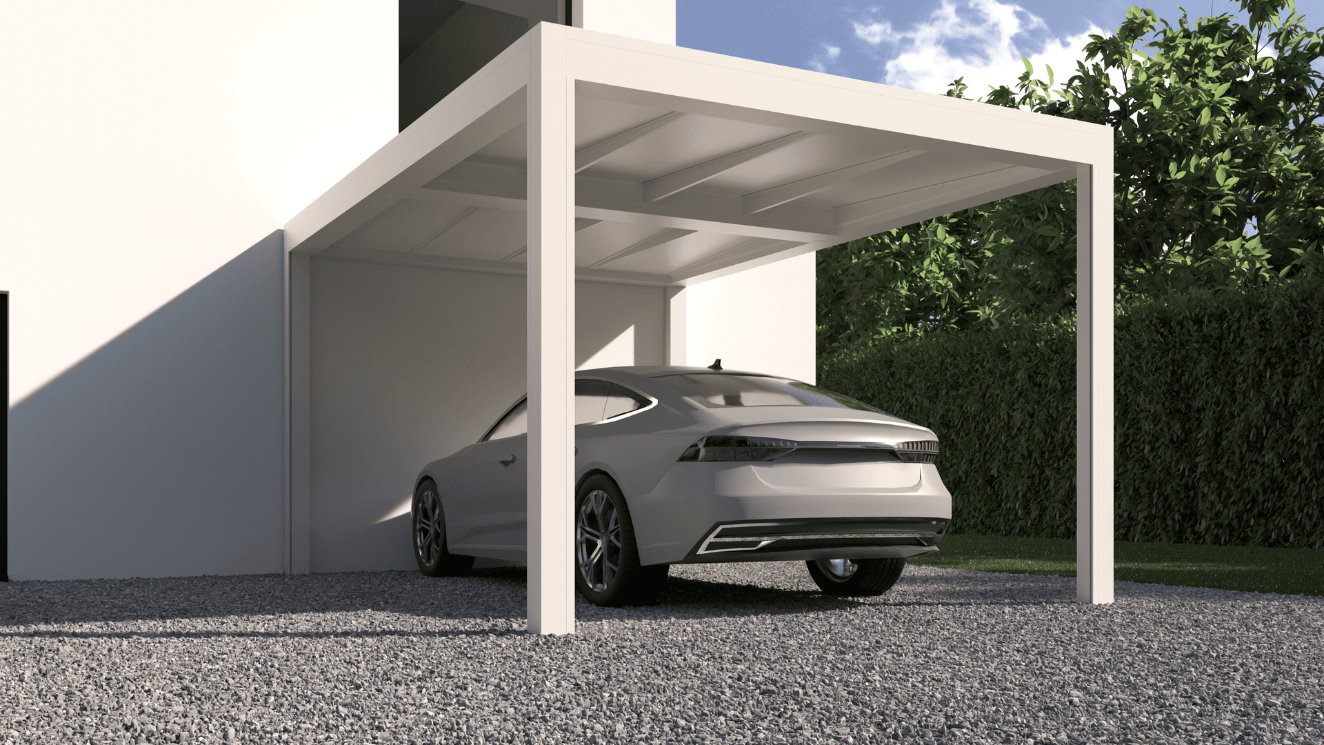 Aluminium B700‑pergola met glazen dak als moderne carport naast een eigentijdse woning, voor een permanent droge parkeerplaats