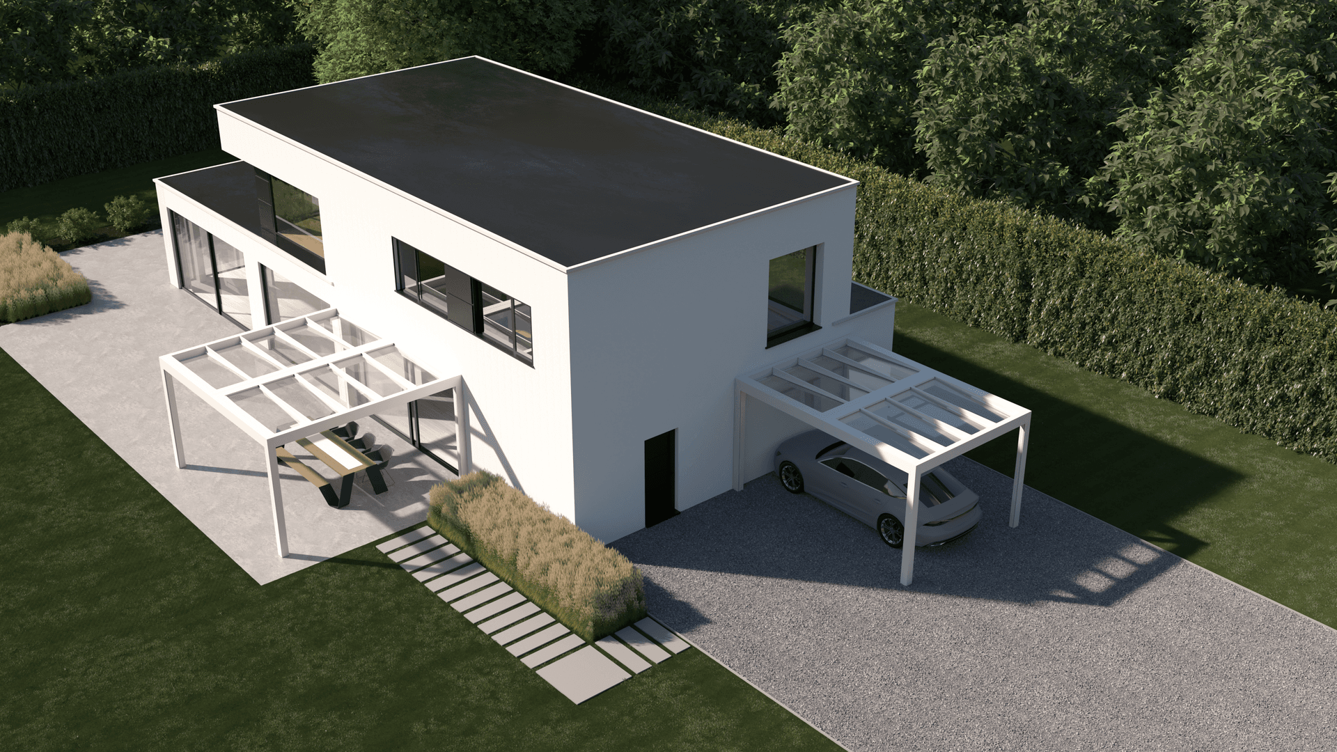 Moderne woning met twee aluminium pergola’s met glazen dak, één gebruikt als carport en één als overdekte buiteneethoek in een strakke tuin