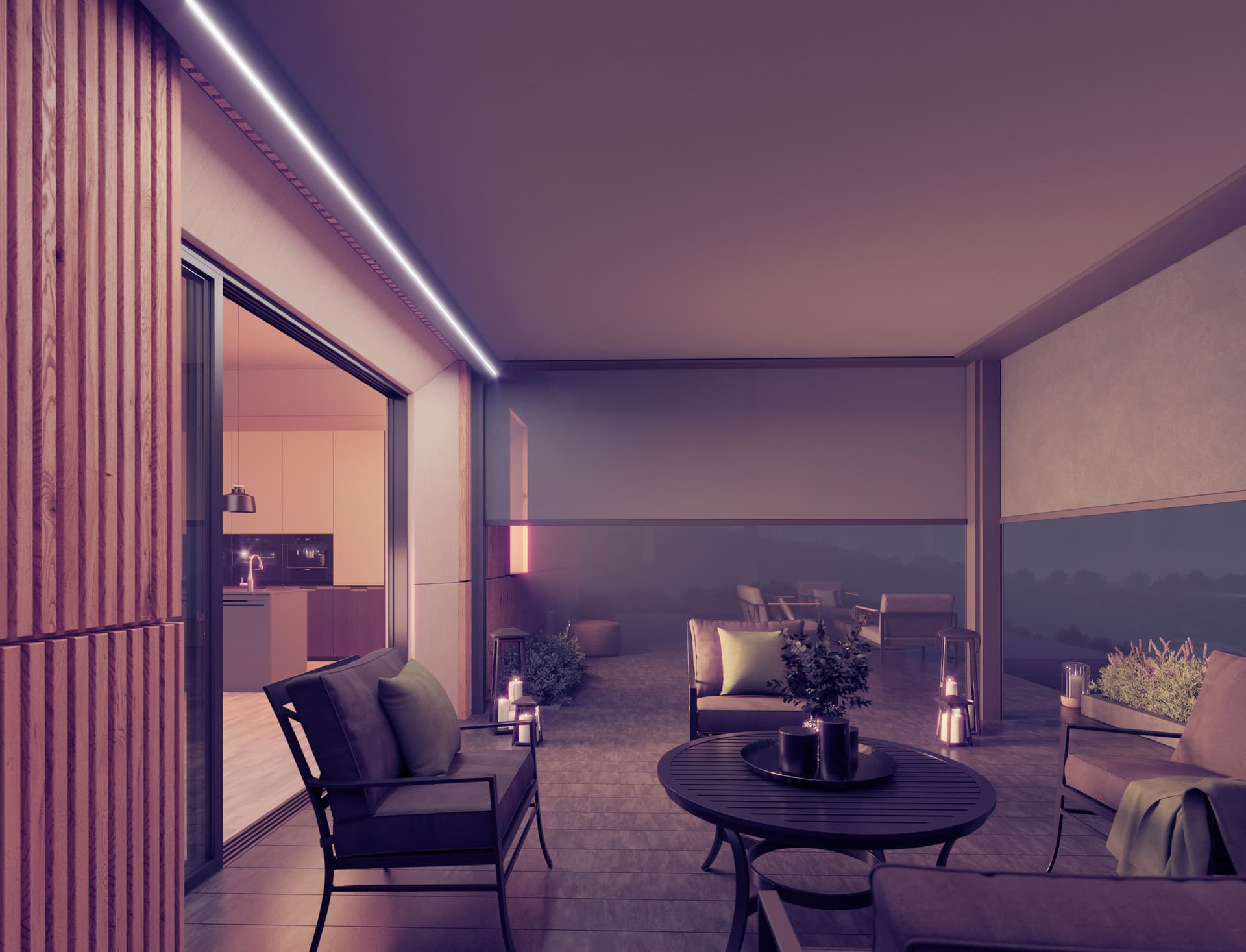 Brustor B129 onder‑glas verandazonwering met geïntegreerde LED‑verlichting die een sfeervolle, beschutte veranda creëert in de avonduren