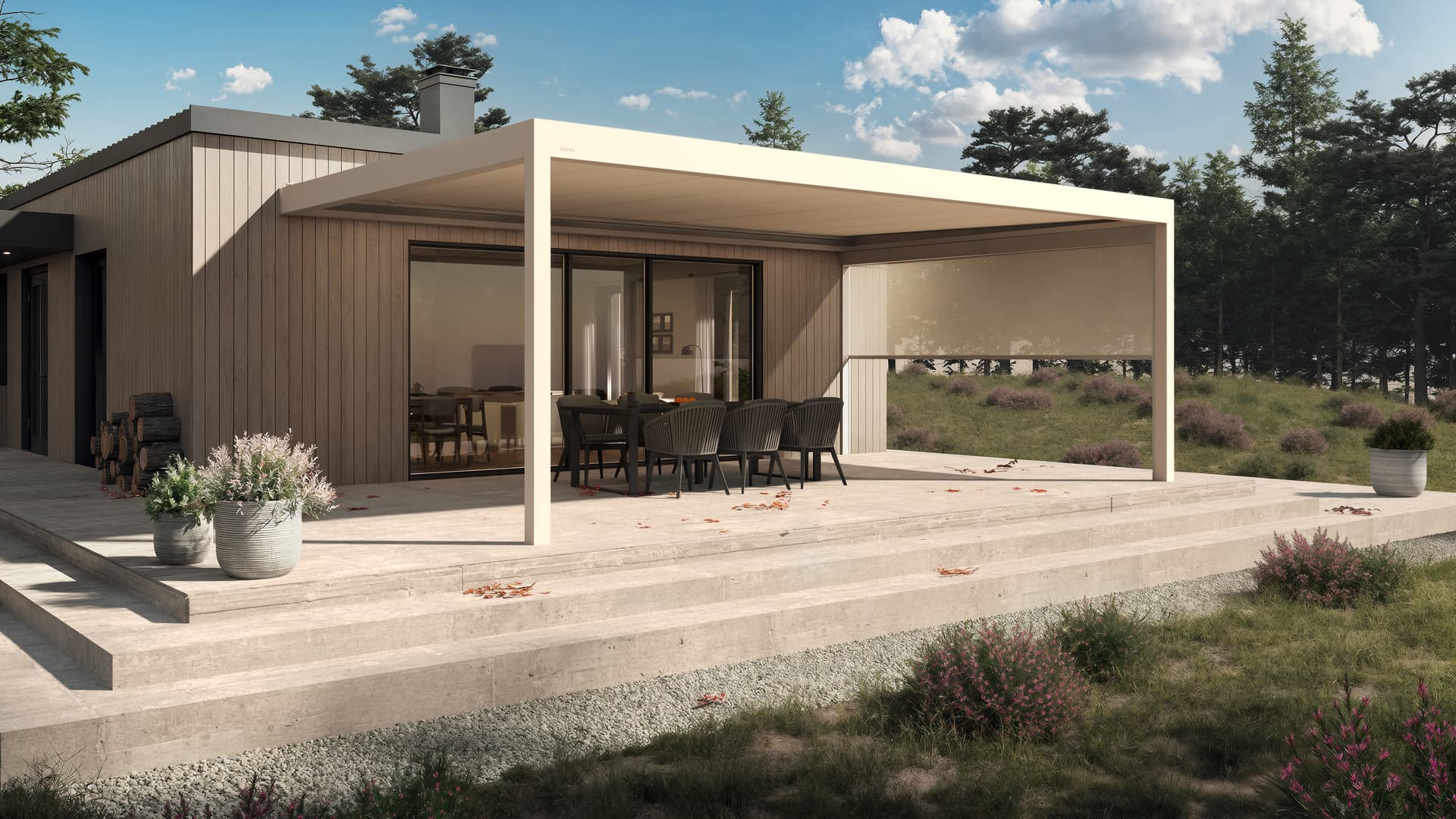 Een aangebouwde witte B310 pergola met een screen op de rechterzijde.