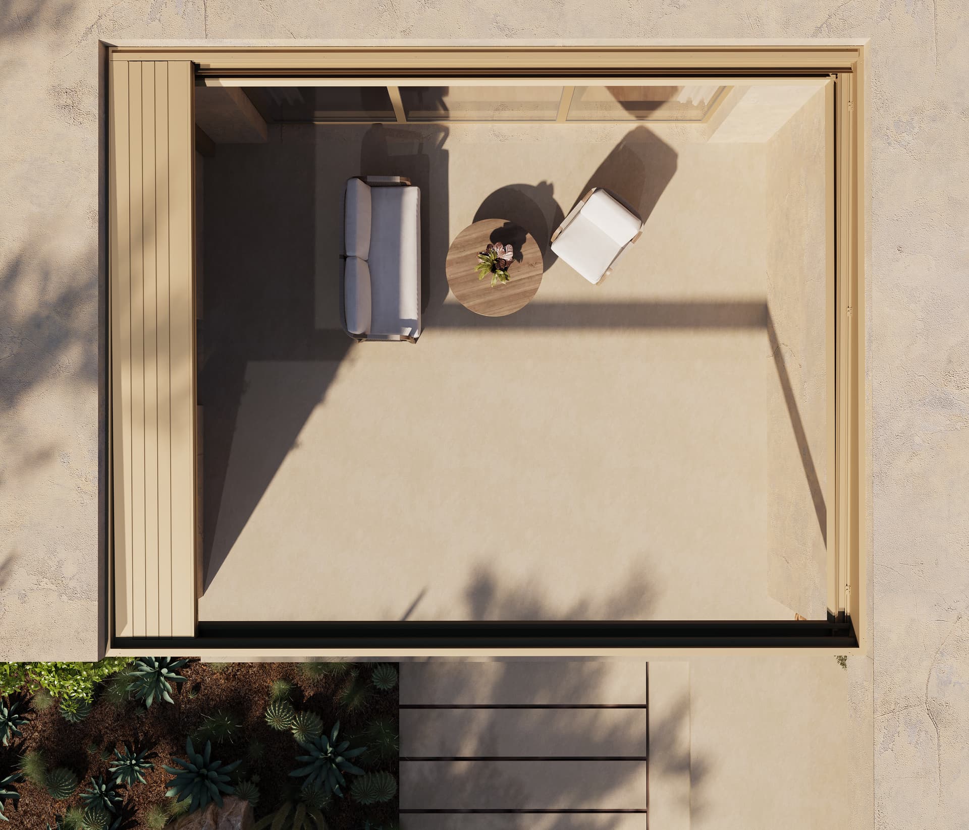 Een aangebouwde witte B310 pergola met een screen op de rechterzijde.