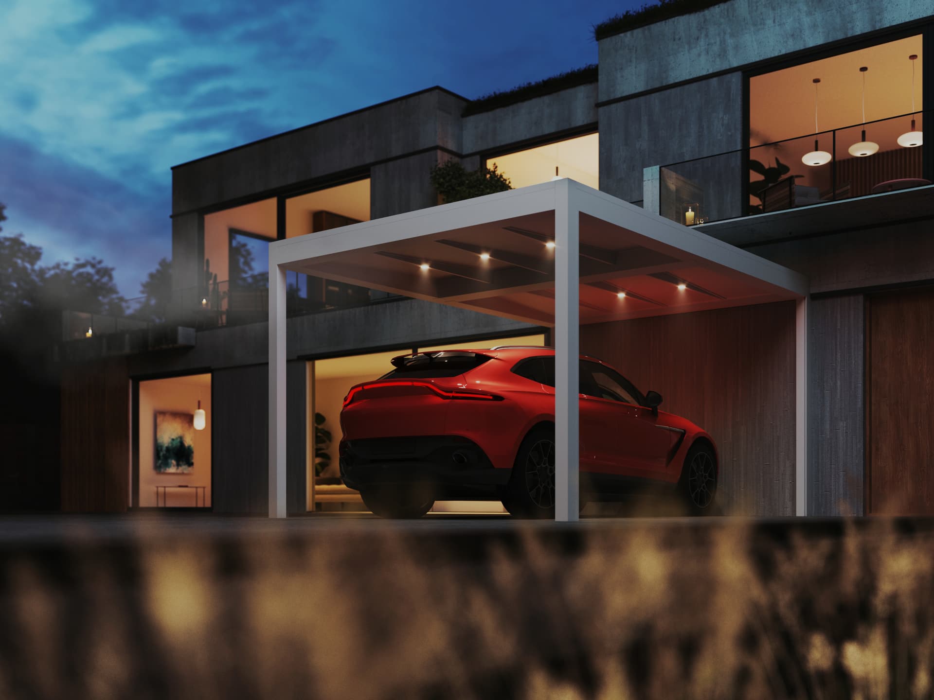 Contemporary white cubic house with a flat roof, featuring a pergola-covered terrace and a matching freestanding aluminium carport.